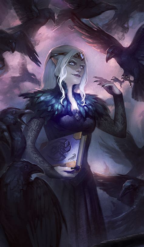 warlock dnd female spellbook crows familiar elf drow dd rpg character character portraits