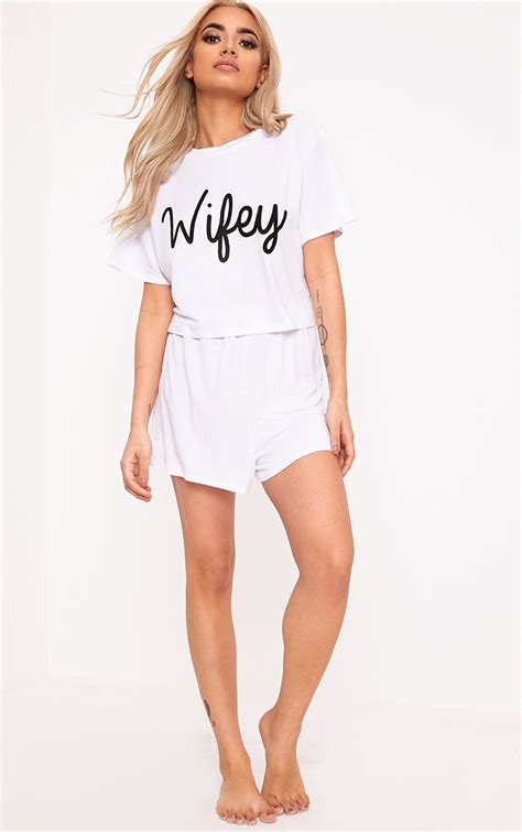 white wifey pj set nightwear onesies prettylittlething usa