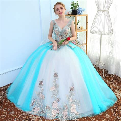 Light Sky Blue Embroidery Masquerade Cos Long Belle Ball Medieval Dress