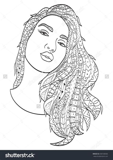 beautiful sketch girl  long hair coloring book  adults vector