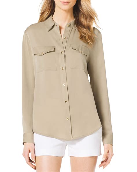 michael michael kors buttonfront linen blouse in khaki natural lyst