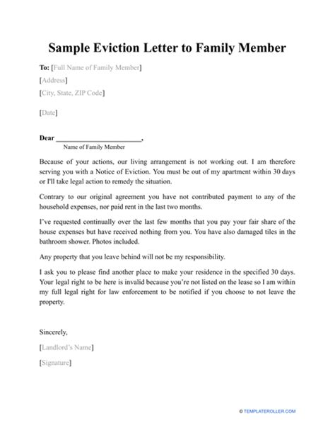 sample eviction letter  family member  printable
