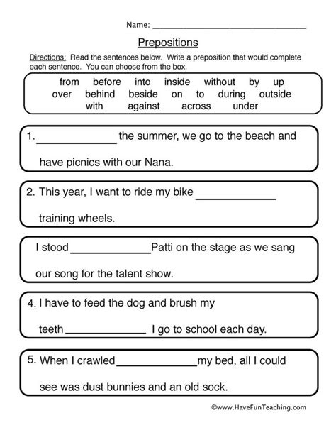 fill   blanks prepositions worksheet  fun teaching