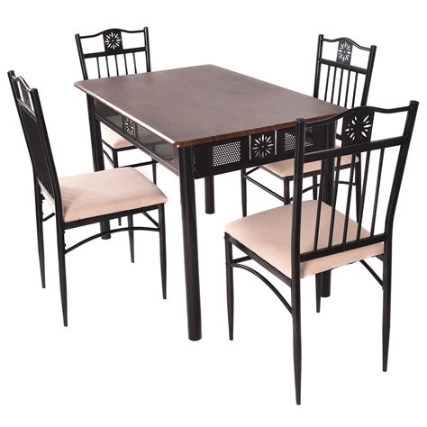 costway  piece dining set wood metal table   chairs kitchen