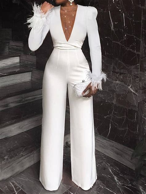 Women S Jumpsuit Feather Solid Color Deep V Elegant Party Evening Prom