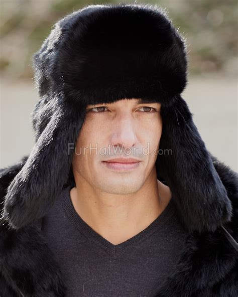 Black Rabbit Fur Russian Ushanka Hat For Men