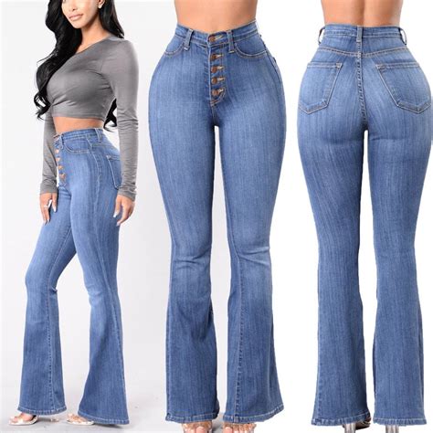 women vintage high waist flared bell bottom jeans trendy light denim