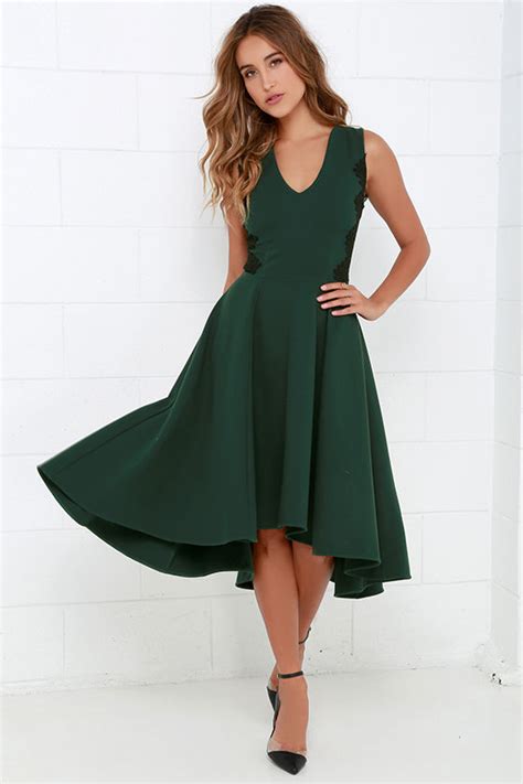 lovely dark green dress lace dress midi dress high  dress  lulus