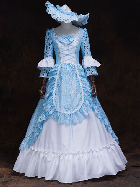 Blue Retro Costumes Lace Ruffles Lace Up Dress Victorian Era Style