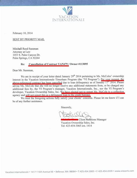 cancel timeshare contract sample letter