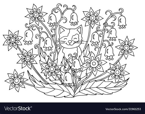 coloring page  flowers  cat royalty  vector image