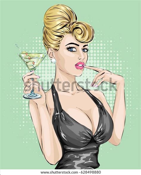 sexy pin woman drinking martini pop stock vector royalty free 628498880