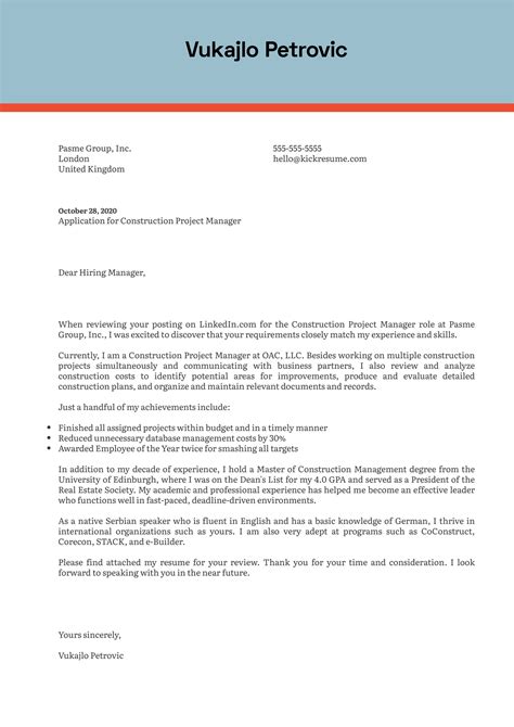 construction project manager cover letter sample kickresume