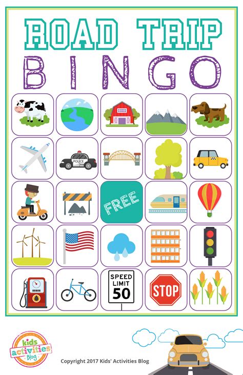 road trip bingo game  kids homemaking expert printable