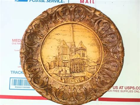 vintage swiss switzerland geneve  hand carved wooden castle plate   picclick
