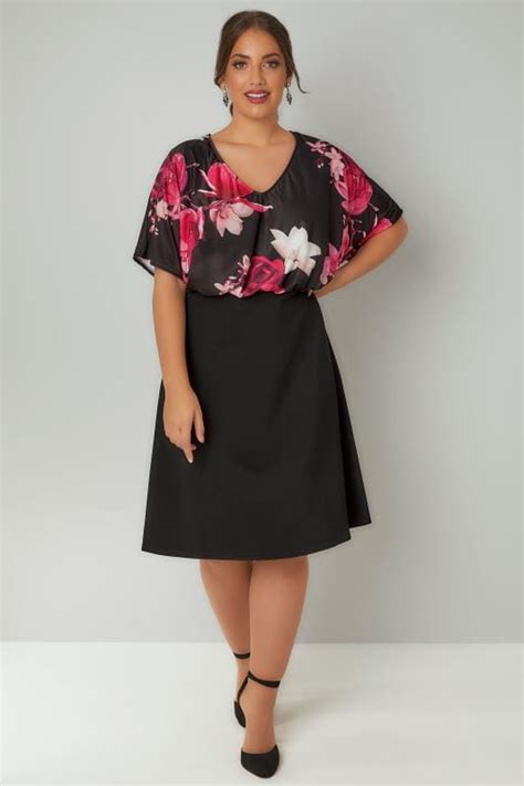 Black Floral Midi Dress With Elasticated Waist Plus Size