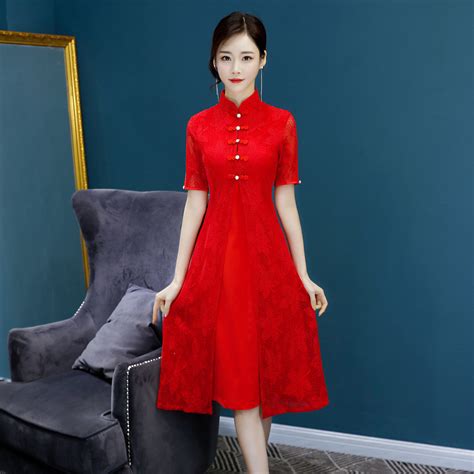new red traditional chinese women simple dress vintage lady floral