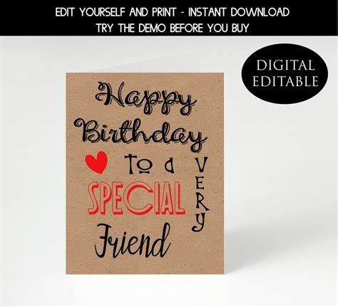 friend birthday printable card friend card card  friend etsy