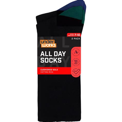 Underworks Mens All Day Cushion Foot Socks Black Size 7 10 Assorted 2