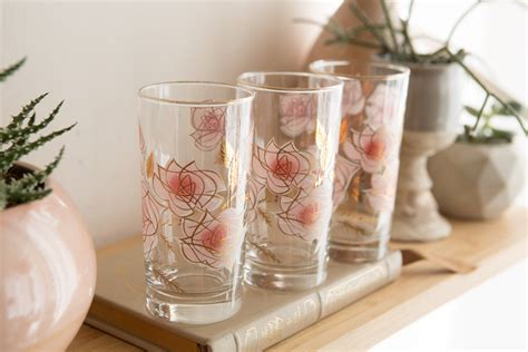 3 Vintage Glasses With Pink And Gold Floral Pattern Ornate Rose