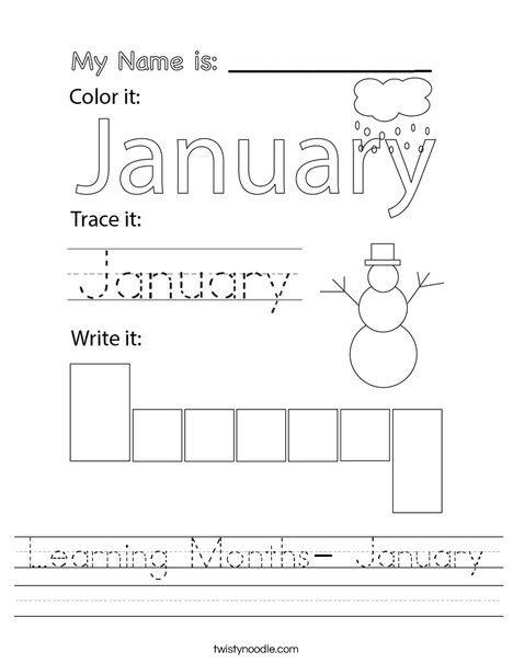 learning months january worksheet twisty noodle