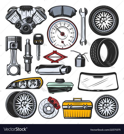 car auto parts engine tires  tools royalty  vector