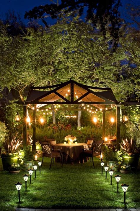 pergola string lights set  romantic mood   backyard