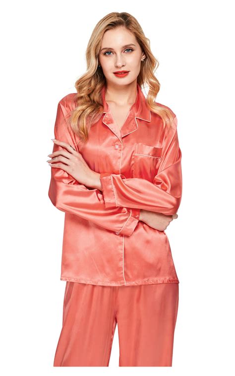 Women S Silk Satin Pajama Set Long Sleeve Living Coral With White Pipi
