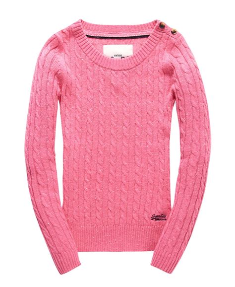 womens new croyde cable crew neck jumper in pink marl nep superdry