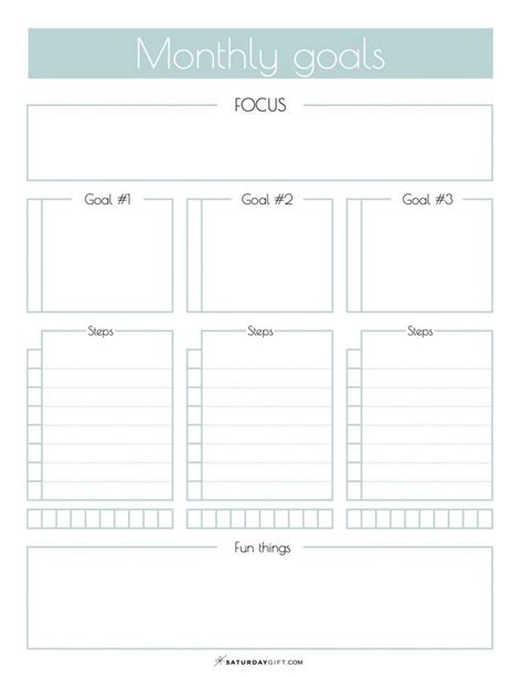 monthly goals worksheet  calendar  printable goals template