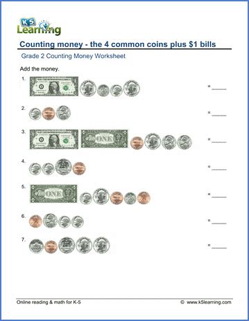 grade  counting money worksheets  printable  learning