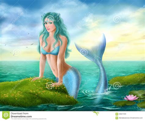 Sirena Hermosa De La Mujer Joven De La Fantasía En El Mar