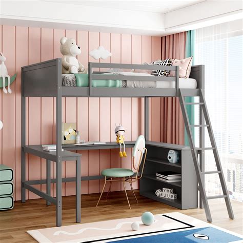 buy full size loft bed   shape desk   tier shelves multi