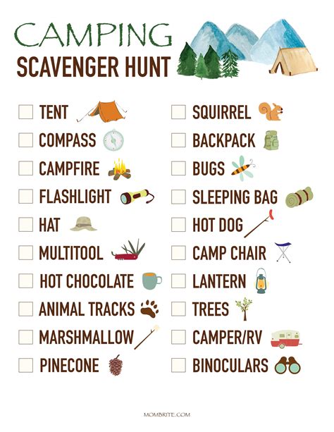 printable camping scavenger hunt  printable templates