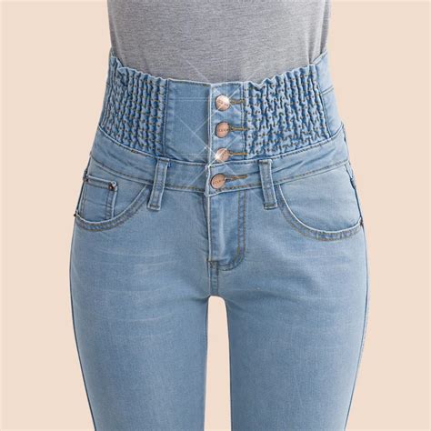 summer  elastic waist women jeans breasted female high waist slim