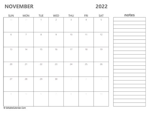 november  printable calendar  holidays