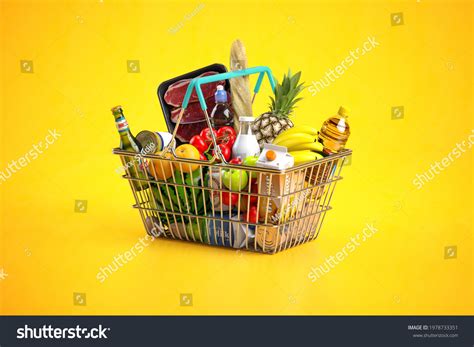 shopping basket full variety grocery products stock illustration