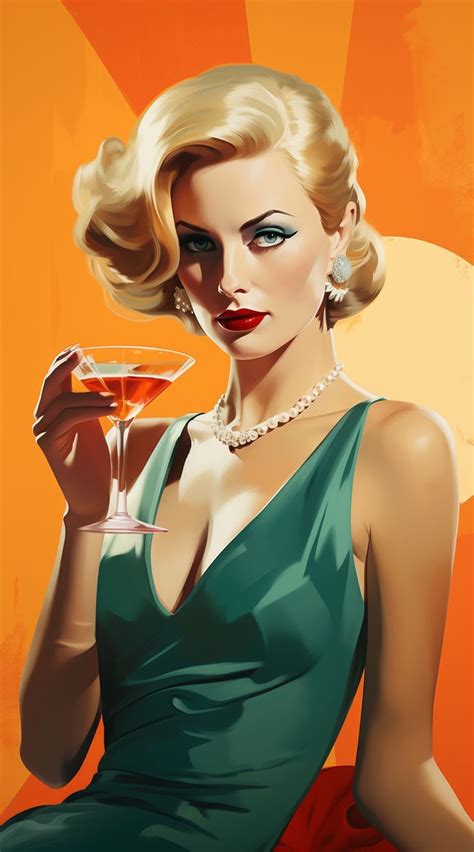 Retro Blonde Woman Drinking Martini Poster Girl In Green Dress Vintage