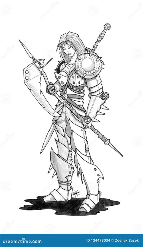 ink concept art drawing  fantasy woman warrior  armor  ax stock