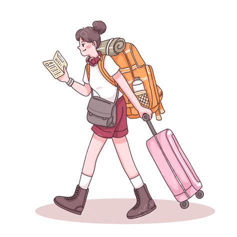 Gambar Vektor Karakter Kartun Pelancong Remaja Perempuan Wanita