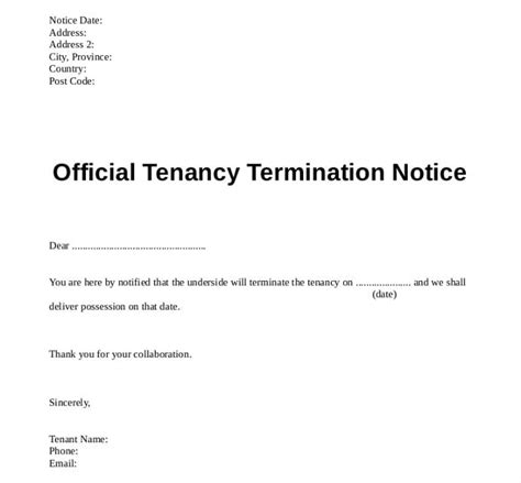 sample letter  landlord  tenant terminating lease  document