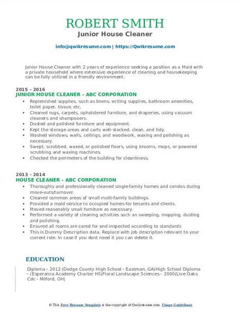 house cleaner resume samples qwikresume