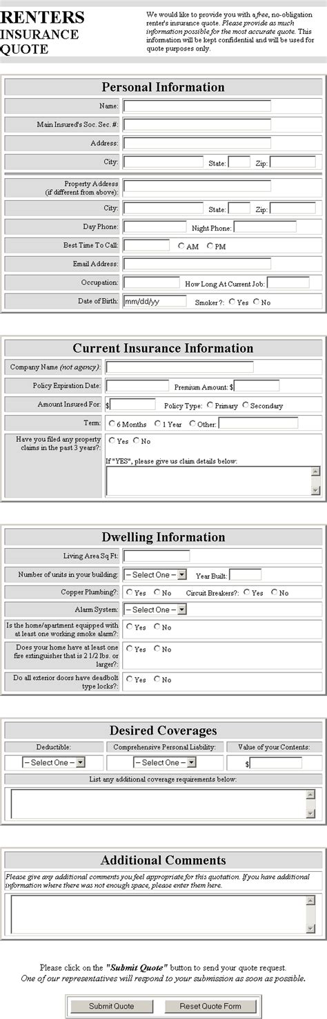 printable renters insurance template