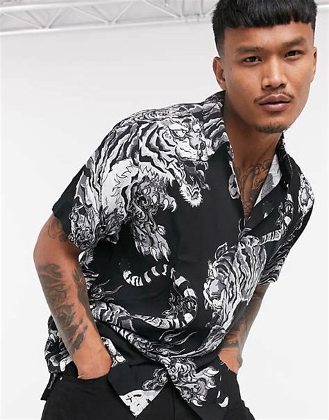 bershka overhemd met tijgerprint  zwart asos