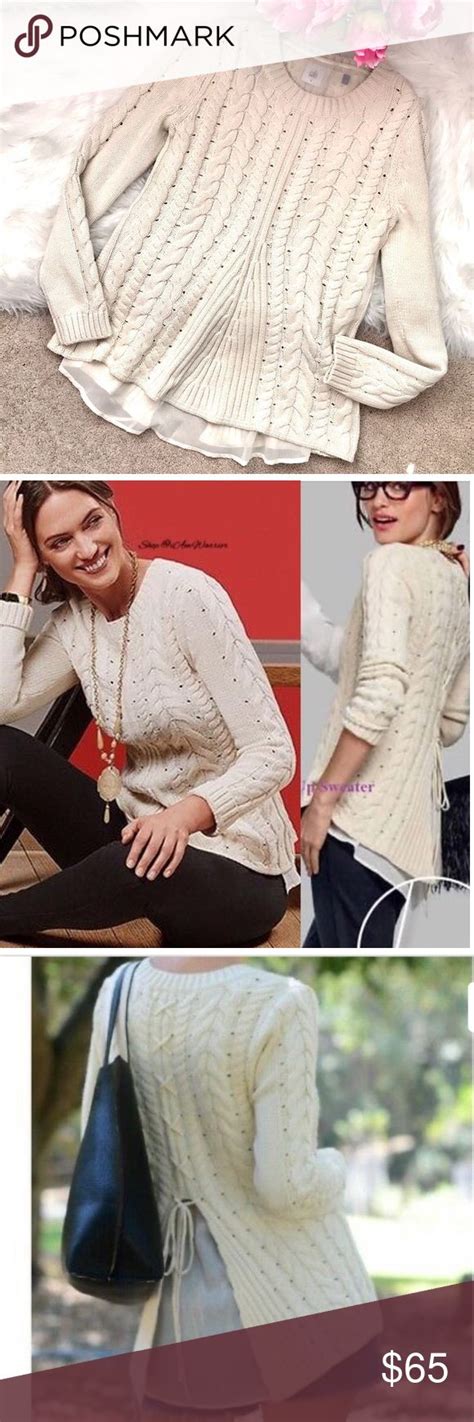 Cabi Cream Cable Knit Lace Up Back Hi Low Sweater Lace Knitting