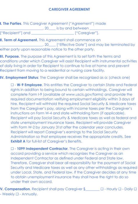 caregiver contract agreement template  word eforms bankhomecom