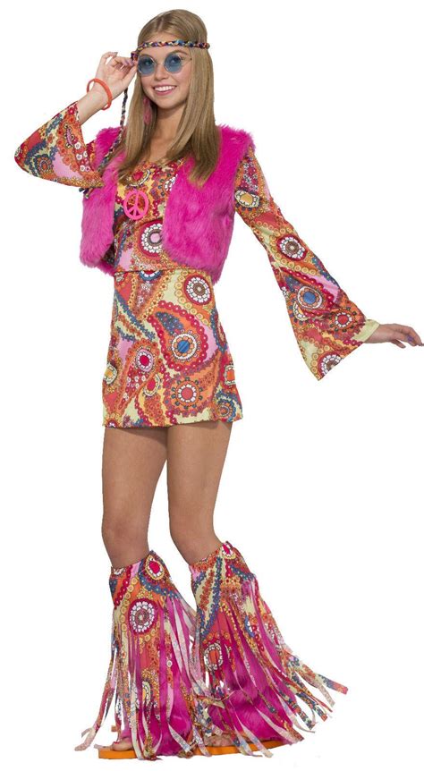 womens   fur  groovy flower power hippie fancy dress costume