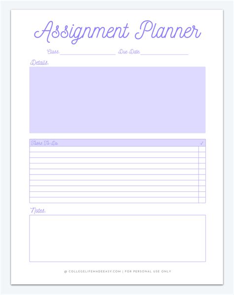 printable homework planner template  college students