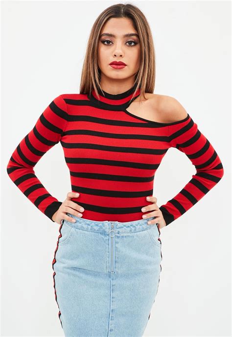 missguided red one shoulder stripe knitted bodysuit