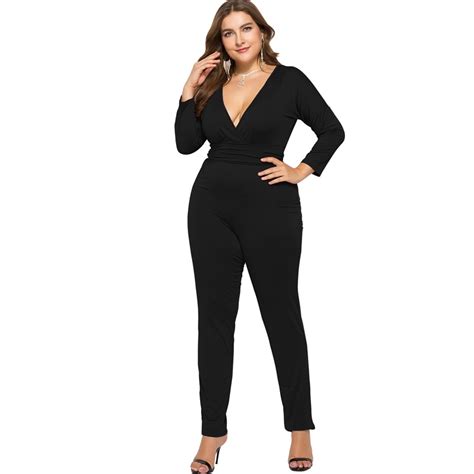 plus size black sexy bodycon jumpsuit romper long sleeve bodysuit women